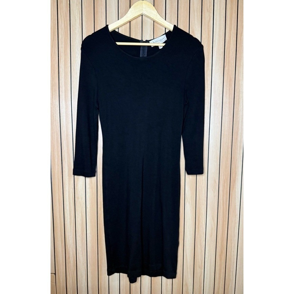 Philosophy Black Long Sleeve Midi Dress Stretch Knit Minimalist L - Picture 2 of 5